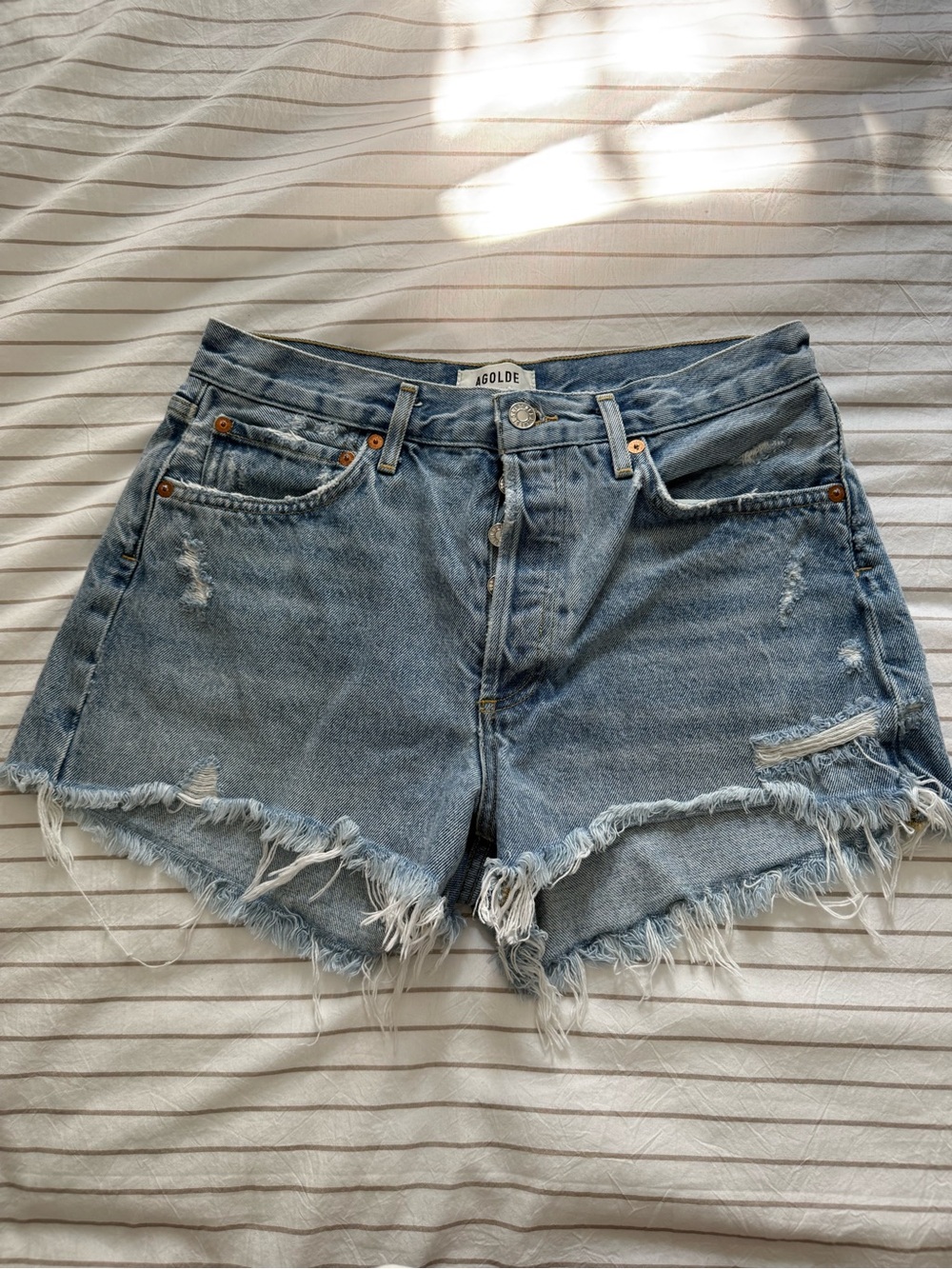 Agolde Frayed Light Wash High-Rise Denim Shorts